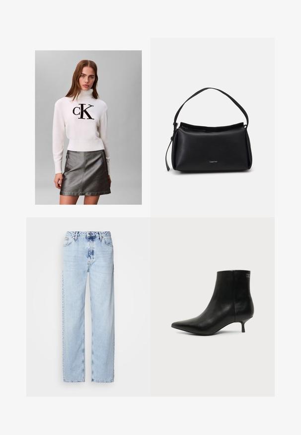 Mujer joven con un suéter blanco de cuello alto con el logo negro de "CK" y una falda de cuero metálica gris oscuro, posando frente a un fondo liso.; Jeans de pierna ancha en azul claro, confeccionados en denim, con una cintura alta, un lavado desgastado y un sutil patrón de tie-dye en la parte delantera.; Botín de piel negra con puntera puntiaguda y tacón bajo estilo kitten sobre fondo claro, mostrando vista lateral exterior.; Bolso de mano de cuero negro con una forma curva, una sola correa y un cierre de cremallera en la parte superior. Presenta un logo sutil en la parte delantera para la marca.