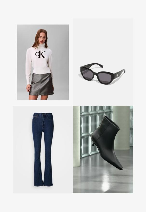 Jeune femme portant un pull à col roulé blanc avec le logo noir "CK" et une jupe en cuir gris foncé métallisée, debout devant un fond uni.; Jean évasé bleu foncé en denim avec une taille haute, doté d'une fermeture éclair, d'un bouton et de détails de couture subtils.; Bottine en cuir noir à bout pointu et petit talon kitten, présentée en angle devant un sol poli et un mur en blocs de verre.; Lunettes de soleil noires au design lisse et angulaire, avec des verres foncés et un logo en argent contrastant sur le côté. Texture en plastique lisse.