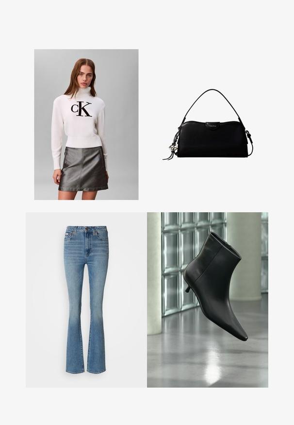 Mujer joven con un suéter blanco de cuello alto con el logo negro de "CK" y una falda de cuero metálica gris oscuro, posando frente a un fondo liso.; Jeans acampanados de color azul claro, fabricados en denim, con una cintura alta, lavado desgastado y costuras visibles, y detalles en hardware marrón.; Botín negro de cuero con punta puntiaguda y tacón bajo estilo kitten, mostrado en ángulo sobre un suelo pulido y con una pared de bloques de vidrio de fondo.; Bolso rectangular negro de Calvin Klein con una única correa superior, dije con el logo plateado y un pequeño cierre de solapa en la parte frontal.