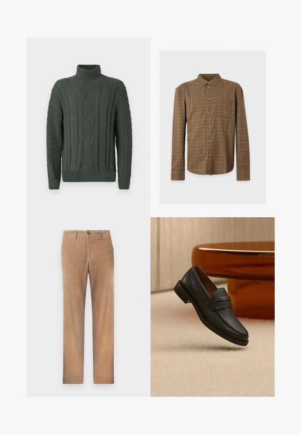 Donkergroene kabelgebreide turtleneck trui met een ruit- en vlechtpatroon, geribde manchetten en zoom.; Bruine blouse met lange mouwen, knopen, ruitpatroon, knoopkraag en borstzak op een effen achtergrond.; Bruine corduroybroek, straight-leg ontwerp, met een knoopsluiting en zijzakken. Zachte textuur met zichtbare ribbels en een gladde afwerking.; Zwarte leren herensloffen met een band over de bovenkant, getoond op een beige tapijt vlakbij een bruine moderne ronde tafel.