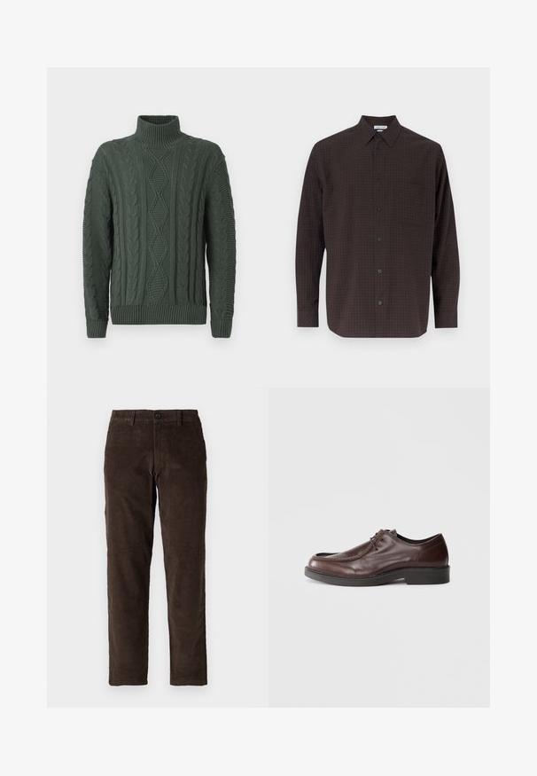 Donkergroene kabelgebreide turtleneck trui met een ruit- en vlechtpatroon, geribde manchetten en zoom.; Bruine geblokte button-up shirt met lange mouwen, zwarte knopen, één borstzak en een gladde stoftextuur.; Bruine corduroybroek met een recht model, voorzien van een knoopsluiting aan de voorkant en standaard riemlussen. Soepele textuur en een klassieke snit.; Bruine leren nette schoen met een ronde neus, minimale stiksels en een stevige zwarte zool. Voorzien van vetersluiting en een gladde textuur.
