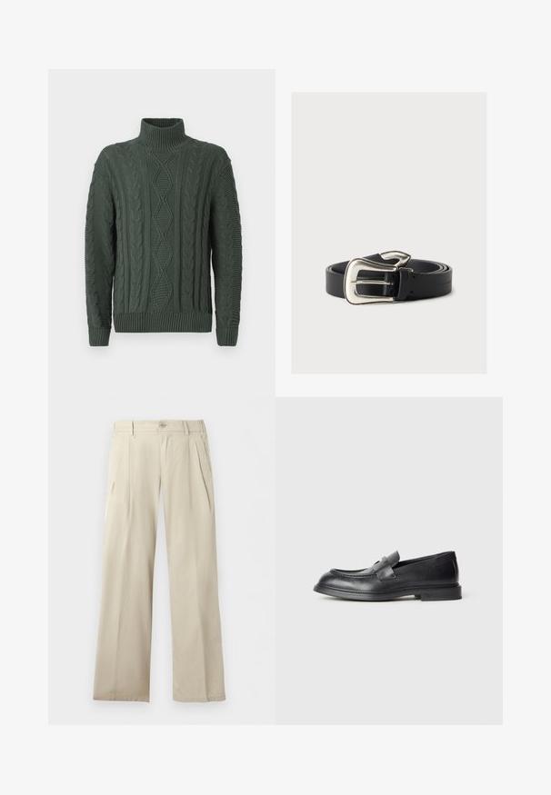 Donkergroene kabelgebreide turtleneck trui met een ruit- en vlechtpatroon, geribde manchetten en zoom.; Beige broek met wijde pijpen, plooien, riemlussen, zijzakken en een knoopsluiting in de taille.; Zwarte leren loafers met een gestructureerde afwerking, voorzien van een decoratieve voorstrik en een afgeronde neus. Rubberzool voor duurzaamheid.; Zwarte leren riem met een grote zilveren westernstijl gesp, opgerold op een neutrale achtergrond.
