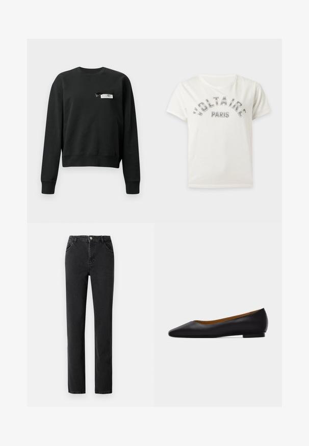 Sweatshirt noir à manches longues et col rond avec une petite étiquette blanche et noire cousue près de la zone de la poitrine gauche.; T-shirt blanc à manches courtes avec col rond et "SOLTAIRE PARIS" en lettres en strass sur la poitrine.; Jeans en denim noir avec taille haute, coupe droite, cinq poches, et fermetures à bouton en métal.; Chaussure plate en cuir noir à bout pointu avec talon bas et finition lisse, vue de côté sur un fond gris clair.