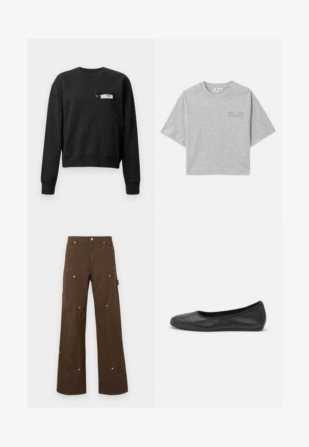 Sweatshirt noir à manches longues et col rond avec une petite étiquette blanche et noire cousue près de la zone de la poitrine gauche.; T-shirt gris court à manches courtes, en coton doux. Il présente un logo en relief subtil sur le devant et un col rond.; Pantalon droit marron avec poches avant et latérales, rivets argentés, passants de ceinture et fermeture par bouton sur fond blanc.; Ballerines en cuir noir avec un bout rond, texture lisse, détails de couture minimalistes et design de semelle flexible.