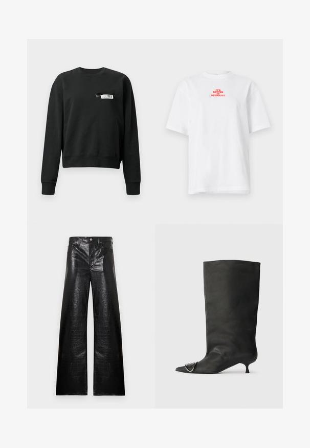 Sweatshirt noir à manches longues et col rond avec une petite étiquette blanche et noire cousue près de la zone de la poitrine gauche.; T-shirt blanc à manches courtes avec texte rouge "C'EST MIEUX À STIEGLITZ" centré près de la partie supérieure de la poitrine.; Pantalon large en cuir noir avec une texture crocodile, fermeture à boutons, et design à cinq poches avec des accents en métal argenté.; Bottines en cuir noir à bout pointu, petite talon et détail métallique sur le bout. Texture lisse et mate partout.