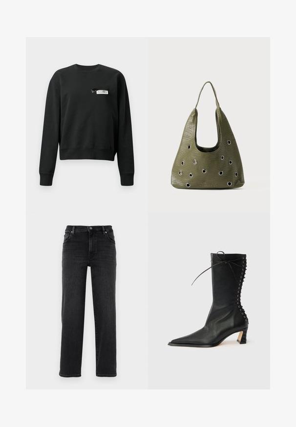 Sweatshirt noir à manches longues et col rond avec une petite étiquette blanche et noire cousue près de la zone de la poitrine gauche.; Jean en denim noir avec une coupe droite. Comprend une fermeture à bouton, un design à cinq poches et des détails de couture minimes. Texture lisse.; Bottine noire en cuir avec bout pointu, talon fin, détail à lacets à l'arrière et œillets métalliques. Texture lisse avec un design élégant.; Sac en cuir vert olive avec une surface texturée, de design hobo, et des découpes circulaires. Présente un logo en bas et une seule bandoulière.