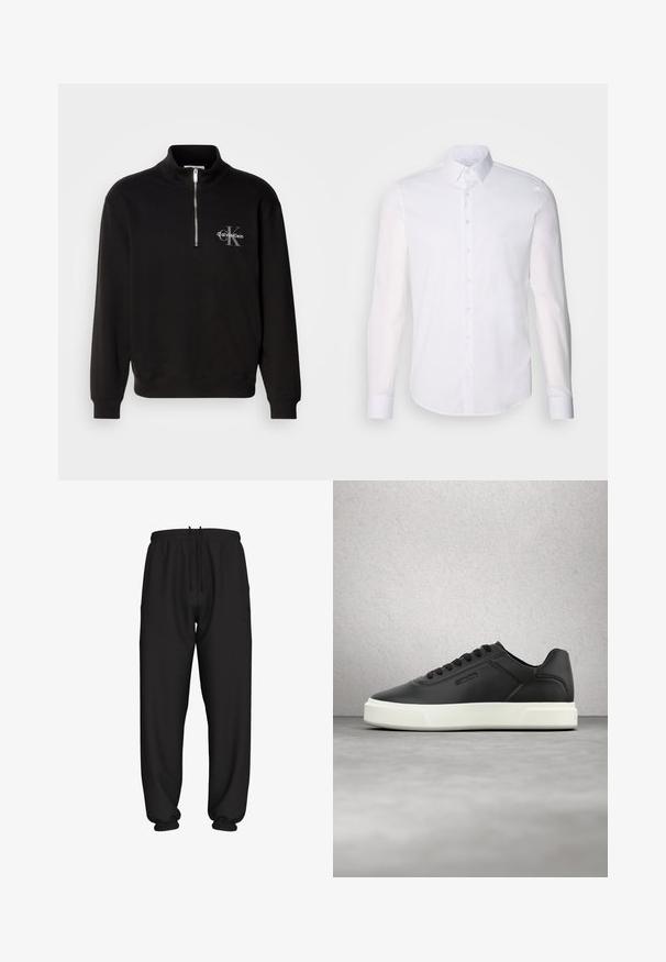 Must mustriga särk kõrge kaeluse ja veerandi tõmblukuga, millel on hall "Calvin Klein" logo ja "K" embleem rinnal. Puuvilla segu materjal.; Valge pikkade varrukatega nööpidega särk, mis on valmistatud puuvillast, klassikalise krae, eest nööpide ja minimaalsete õmblusdetailidega.; Mustad lahtised dressipüksid elastse vöökoha ja mansettidega, kohandatava nööriga vöökohal.; Mustadast nahast tossud valge kummist tallaga, ümar nina ja lamedate paeltega. Tekstuuriga detailid külgedel, minimalistlik disain.