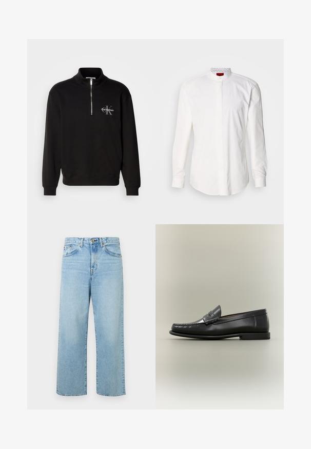 Zwarte pullover met hoge kraag en kwart rits, met een grijze "Calvin Klein" logo en "K" embleem op de borst. Gemaakt van een katoenmix.; Wit overhemd met lange mouwen en een hoge kraag, gemaakt van katoen. Voorzien van een knoopsluiting aan de voorkant, minimalistisch design en subtiele branding aan de binnenkant van de kraag.; Lichtblauwe, wijde jeans van denim; heeft een knoopsluiting, vijf zakken en subtiele vervaging op de stof.; Zwarte leren herenslipper met moc-toe ontwerp, pennestrook en lage hak op een neutrale achtergrond.