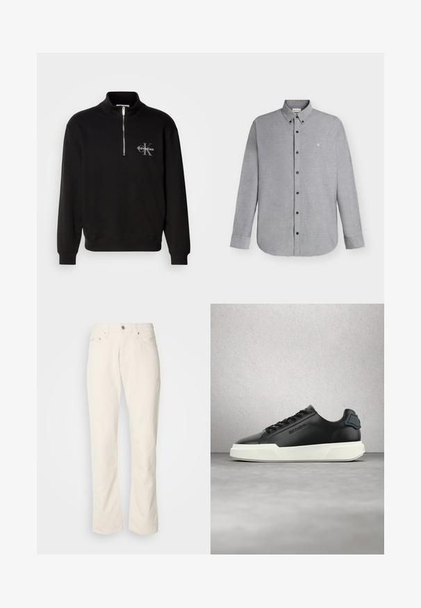 Must mustriga särk kõrge kaeluse ja veerandi tõmblukuga, millel on hall "Calvin Klein" logo ja "K" embleem rinnal. Puuvilla segu materjal.; Helehall hall pikkade varrukatega nööbitav särk nööbitava kraega ja väike "cK" logo tikandiga vasakul rinnal.; Bežist puuvillased teksad klassikalise sirge lõikega, ees nupu sulgemisega, viie taskuga ja peene õmbluse detailidega.; Mustast nahast spordijalats valge tallaga, mustade paeltega ja reljeefse logoga, mis näib hõljuvat halli põranda kohal, taga klaasplokkidega sein.