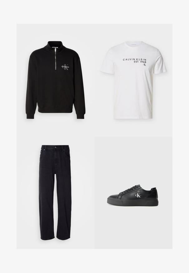 Zwarte pullover met hoge kraag en kwart rits, met een grijze "Calvin Klein" logo en "K" embleem op de borst. Gemaakt van een katoenmix.; Wit T-shirt met korte mouwen met zwarte tekst "CALVIN KLEIN EST. 1968" en klein "CK" logo op de bovenborst.; Zwarte spijkerbroek met een losse pasvorm, voorzien van een hoge taille, vijf zakken en metalen knopen. De stof heeft een matte textuur.; Zwarte leren sneaker met een ronde neus, vlakke zwarte zool en tonale veters. Voorzien van een zilveren logo aan de zijkant, met een gladde textuur overal.