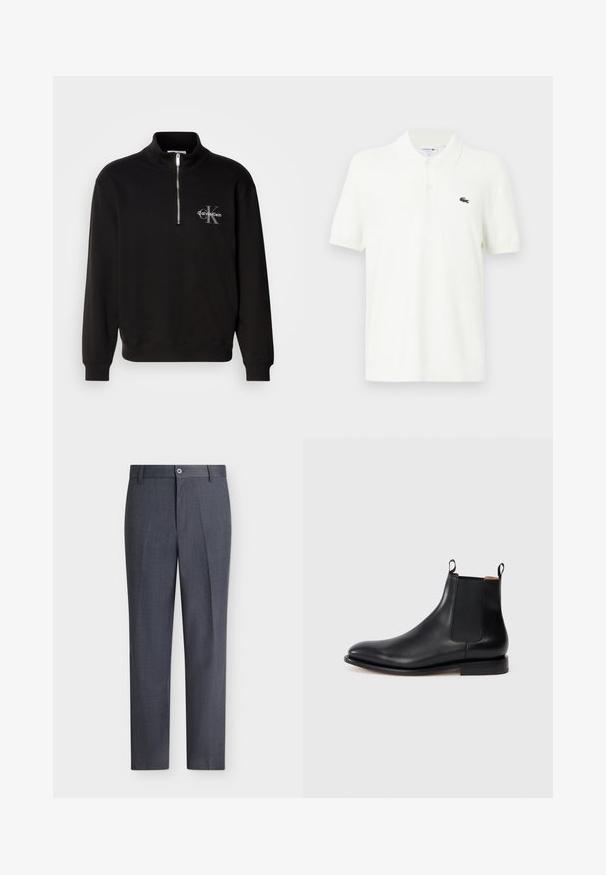 Sort sweatshirt med høj krave og kvart lynlås, med et gråt "Calvin Klein" logo og "K" emblem på brystet. Materialet er en bomuldsblanding.; Hvid polo shirt lavet af glat bomuldsstof med en klassisk krave, tre-knaps placket og et lille grønt krokodillelogo på brystet.; Mørkegrå skræddersyede bukser med knap- og lynlåslukning, bæltestropper og lige ben mod en hvid baggrund.; Sort læder Chelsea støvle med elastiske sidepaneler, trækstropper og en lav hæl på en hvid baggrund.