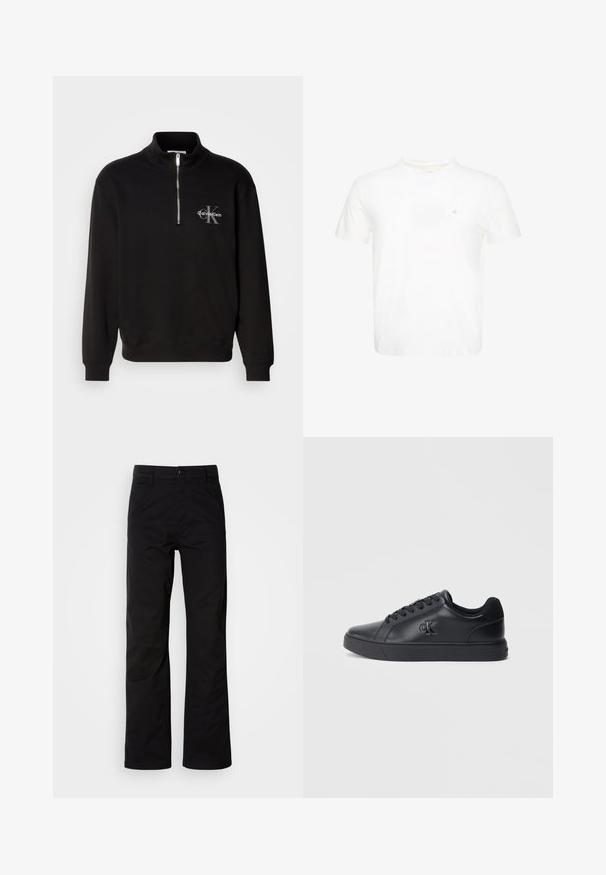 Zwarte pullover met hoge kraag en kwart rits, met een grijze "Calvin Klein" logo en "K" embleem op de borst. Gemaakt van een katoenmix.; Witte T-shirt met korte mouwen en ronde hals met klein geborduurd "ck"-logo op de linkerborst.; Zwarte katoenen broek met een recht design, voorzien van een knoopsluiting en riemlussen. Gladde textuur en minimalistische stijl zonder zichtbare patronen.; Zwarte leren sneakers met vetersluiting, rubberen zool en reliëflogo op de zijkant, met een gladde textuur en minimalistische stijl.