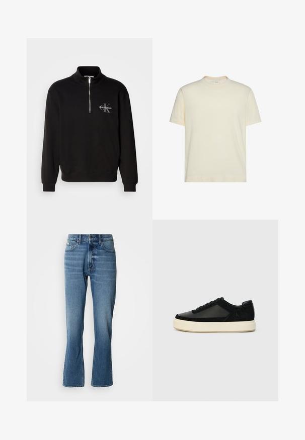 Zwarte pullover met hoge kraag en kwart rits, met een grijze "Calvin Klein" logo en "K" embleem op de borst. Gemaakt van een katoenmix.; Effen lichtbeige katoenen T-shirt met korte mouwen, ronde hals en zichtbare binnenlabel.; Lichtblauwe denim jeans met een rechte snit en een lichte flare. Beschikt over vijf zakken, een knoopsluiting en subtiele wassingdetails.; Zwarte sneaker met een combinatie van leer en suede, ronde neus, tonale veters en een stevige witte rubberen zool. Subtiele merklachting aan de zijkant.