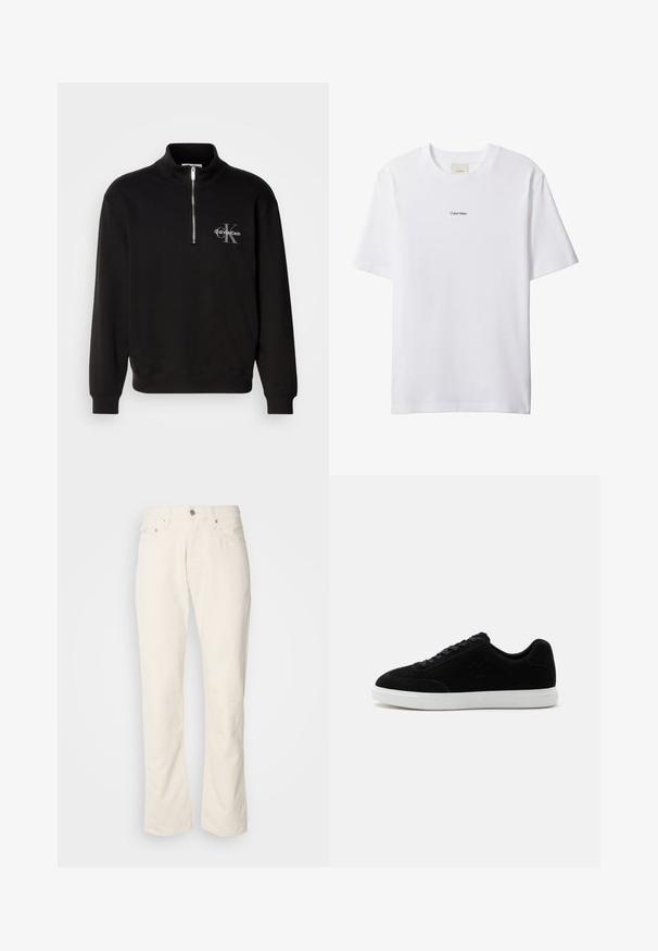Zwarte pullover met hoge kraag en kwart rits, met een grijze "Calvin Klein" logo en "K" embleem op de borst. Gemaakt van een katoenmix.; Witte katoenen T-shirt met een ronde hals en korte mouwen. Heeft een klein zwart "Calvin Klein"-logo in het midden van de borst.; Beige katoenen jeans met een klassiek recht model, met een knoopsluiting aan de voorkant, vijf zakken en subtiele stikdetails.; Zwarte lage sneaker met veterluiting aan de voorkant, subtiel "ck"-logo aan de zijkant en dikke witte rubberen zool op een effen lichte achtergrond.
