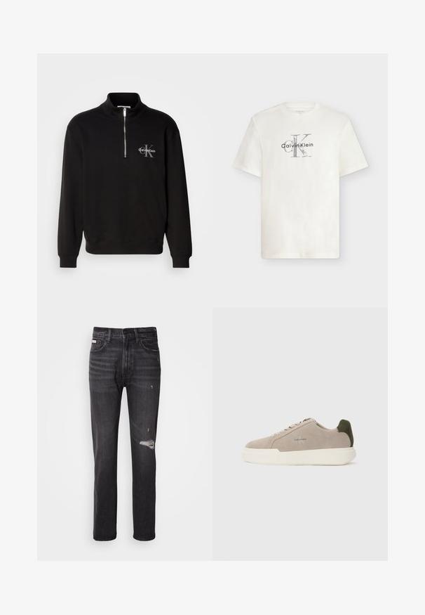 Sudadera negra de cuello alto y cremallera de un cuarto, con un logo gris de "Calvin Klein" y un emblema de "K" en el pecho. Material de mezcla de algodón.; Camiseta blanca de manga corta con cuello redondo y logotipo de Calvin Klein en gris y negro centrado en el pecho.; Jeans de mezclilla negra con un diseño de pierna recta, detalles desgastados en la rodilla, estilo de cinco bolsillos y un sutil acabado deslavado.; Zapatillas de piel de ante beige con suela de goma blanca, que presentan un acento en el talón de color verde oscuro y un sutil logo en el lateral.