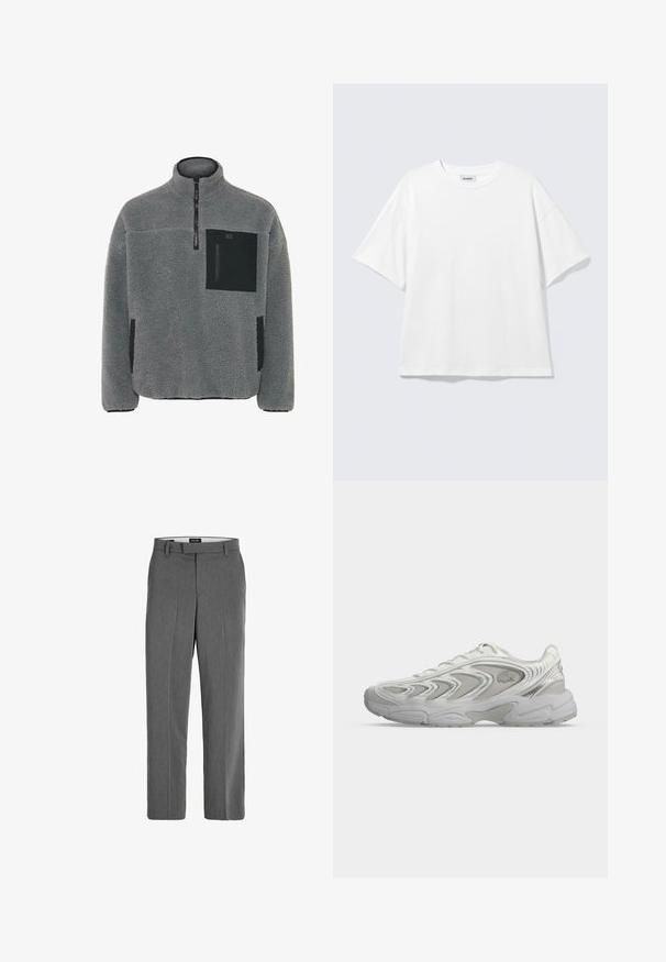 Pull en polaire gris clair avec un tissu texturé, fermeture zip quart, et accents de poche noirs sur la poitrine et les côtés.; T-shirt blanc oversize à manches courtes, col rond, épaules tombantes, posé à plat sur fond gris clair.; Pantalon gris avec une texture lisse, une coupe droite et un motif vertical subtil. Comprend des passants de ceinture et des poches avant et arrière.; Basket blanche de sport avec des motifs ondulés, des panneaux en mesh et une semelle épaisse et rembourrée, montrée de profil sur un fond clair uni.
