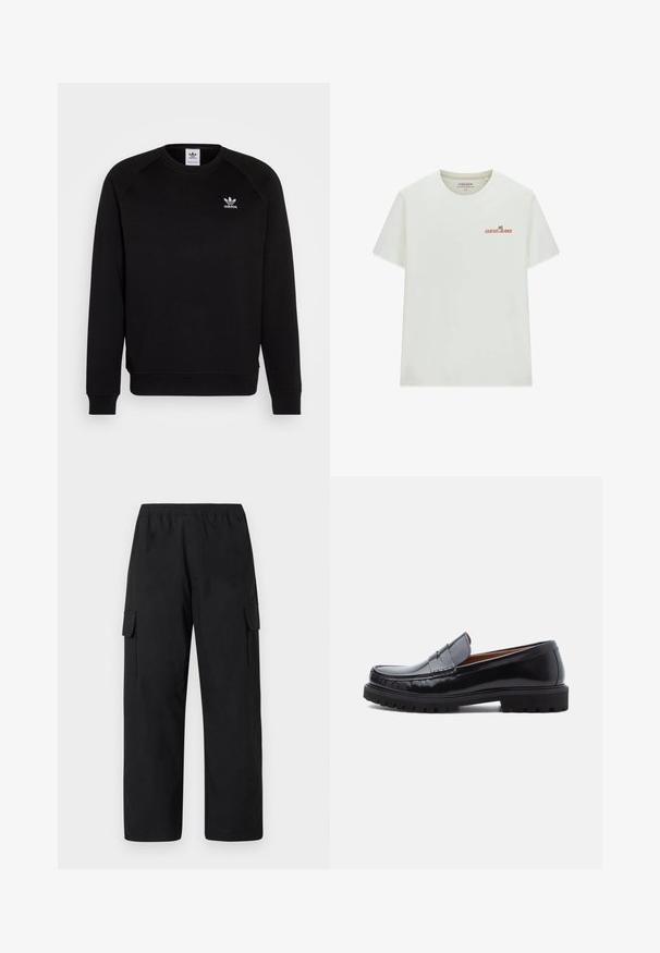 Sort sweatshirt med raglanærmer, rund hals og ribstrikkede manchetter. Har et lille hvidt Adidas-logo på brystet. Blødt tekstil.; Hvid T-shirt med korte ærmer og rund hals, med lille "GUESS JEANS" tekst og grønt palmetræ-logo på venstre bryst.; Sorte cargobukser med elastisk talje, der har to sidelommer samt et løst design med lige ben. Fremstillet af et letvægtsmateriale.; Sorte læder penny loafer med chunky gummisål og moc toe syninger, vist i profil på en hvid baggrund.