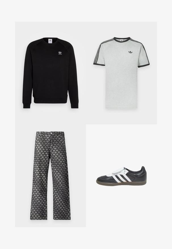 Musthave mustriga de vestit mustigal mustiga kupliitega mustiga releglindsiga, millel on ümmargune kaelus ja soonikkoes varrukad. Rinna peal on väike valge Adidas'i logo. Pehme kanga tekstuur.; Hall hall t-särk mustade detailidega, millel on ümarsärk ja lühikesed varrukad. Õlgadel kolm musta triipu, rinnal väike logo.; Laiad säärega püksid musta ja halli värvusega, tekstuurse lehvikumustriga. Omaduseks on klassikaline viie taskuga disain ja metallist nööp sulgur.; adidas Originals SAMBA LT - Tossud - core black footwear white gum