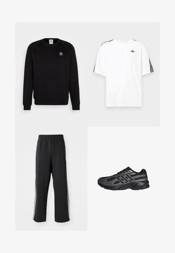 Sort sweatshirt med raglanærmer, rund hals og ribstrikkede manchetter. Har et lille hvidt Adidas-logo på brystet. Blødt tekstil.; Hvid bomuld t-shirt med korte ærmer, prydet med sorte tre-stribede detaljer på skuldrene og et lille sort logo på brystet.; Sorte sweatpants med elastisk talje, der har hvide sidelister og en afslappet pasform. Lavet af blødt, strækbart stof.; Sorte træningssko lavet af mesh og syntetiske materialer, med en tekstureret overflade, flere grå striber og en polstret krave.