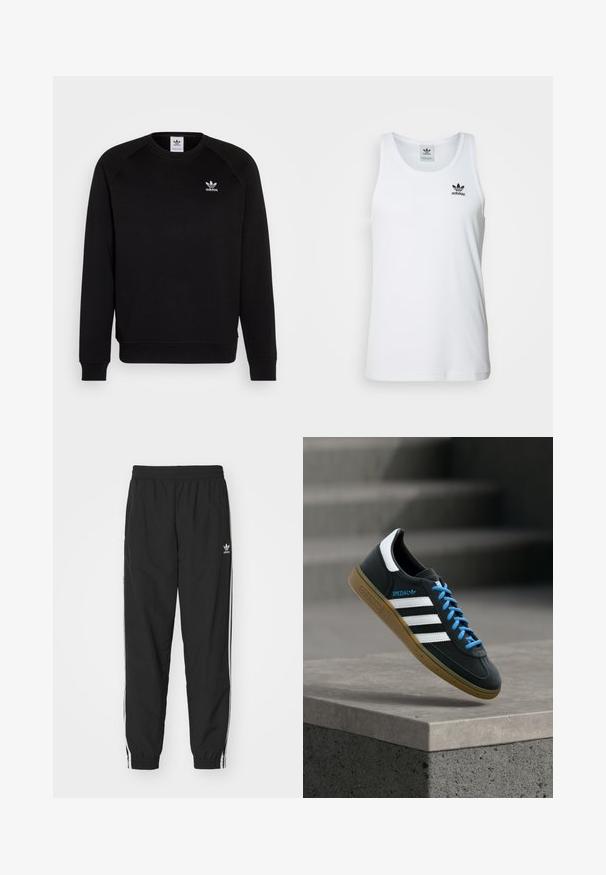 Zwarte sweatshirt met raglanmouwen, ronde hals en geribbelde manchetten. Bevat een klein wit Adidas-logo op de borst. Zachte stoftextuur.; Witte geribde tanktop met ronde hals, zwarte Adidas-logo op de linkerborst en zonder mouwen. Zachte katoenen stof, casual pasvorm.; Zwarte trainingsbroek met een elastische tailleband en boorden, voorzien van witte zijstrepen en een klein wit Adidas-logo op de linkse heup.; Zwarte Adidas-sneaker met witte strepen, blauwe veters en een gumzool die boven een grijze betonnen trede zweeft in zacht licht.