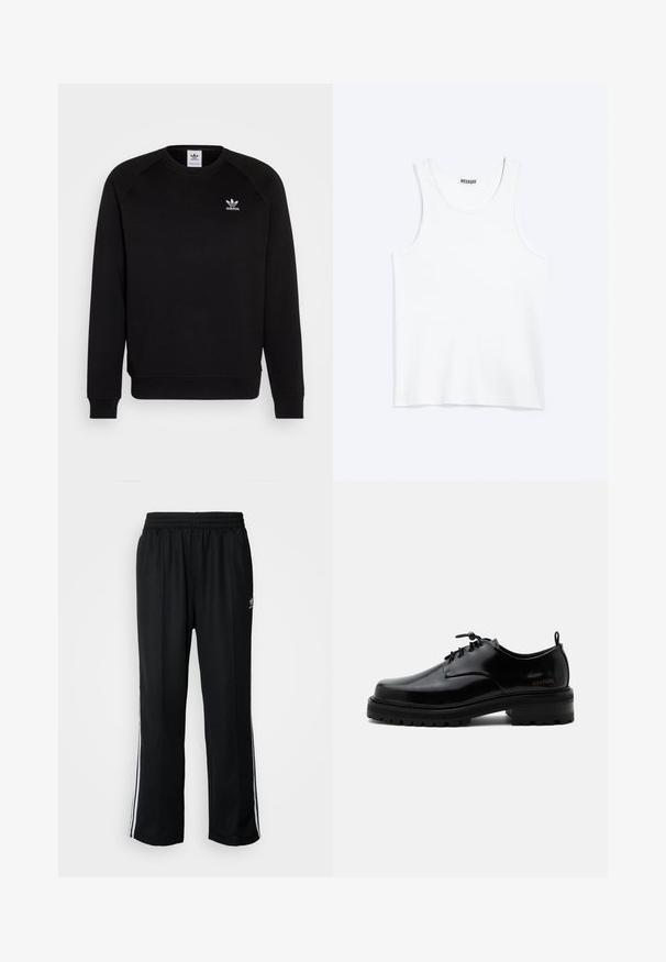 Musthave mustriga de vestit mustigal mustiga kupliitega mustiga releglindsiga, millel on ümmargune kaelus ja soonikkoes varrukad. Rinna peal on väike valge Adidas'i logo. Pehme kanga tekstuur.; Valge varrukateta topp ümarate kaelusava ja Weekday kaubamärgiga sildiga seespool kaeluse tagaosast, esitatud lamedana heledal taustal.; Mustad mustad spordipüksid elastse vöökohaga, millel on valged küljeread ja väike logo. Materjal tundub pehme ja kerge.; Mustast poleeritud nahast paeltega jalanõu paksu kummist tallaga ja madala kontsaga, küljes brändi nimi „SAMSOE“ ning taga tõmbenööriga.