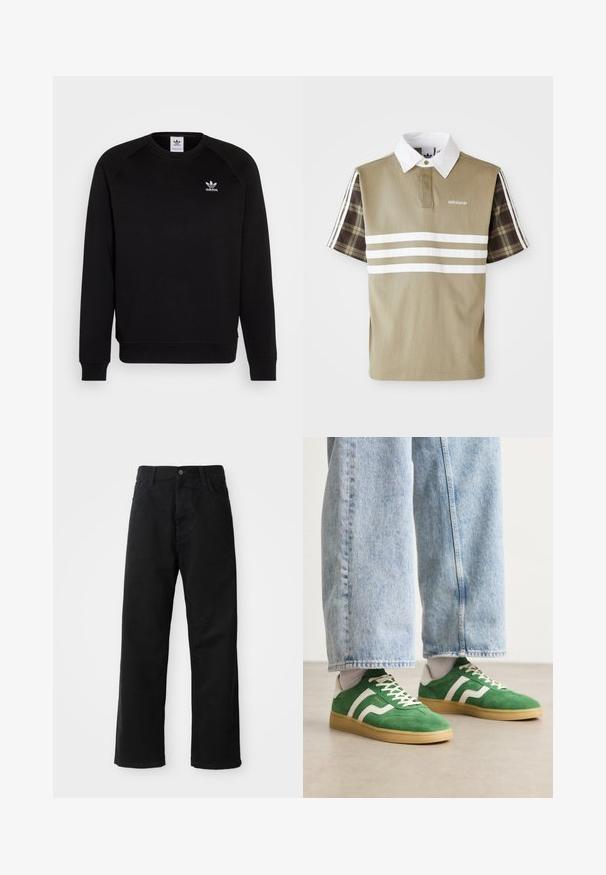 Schwarzer Sweatshirt mit Raglanärmeln, Rundhalsausschnitt und gerippten Bündchen. Verfügt über ein kleines, weißes Adidas-Logo auf der Brust. Weicher Stoff.; Poloshirt in Olivgrün mit weißen Streifen und einem karierten Muster an den kurzen Ärmeln. Mit einem weißen Kragen und Logo auf der Brust.; Schwarze Jeans mit geradem Schnitt, ausgestattet mit Fronttaschen, einem Reißverschluss und einem einzelnen oberen Knopf. Texturiert mit matter Oberfläche.; Grüne Wildleder-Sneaker mit weißen gestreiften Akzenten und cremefarbenen Schnürsenkeln. Gummisohle aus Kautschuk. Kombiniert mit hellblauen Jeanshosen, die an den Säumen leicht aufgerollt sind.