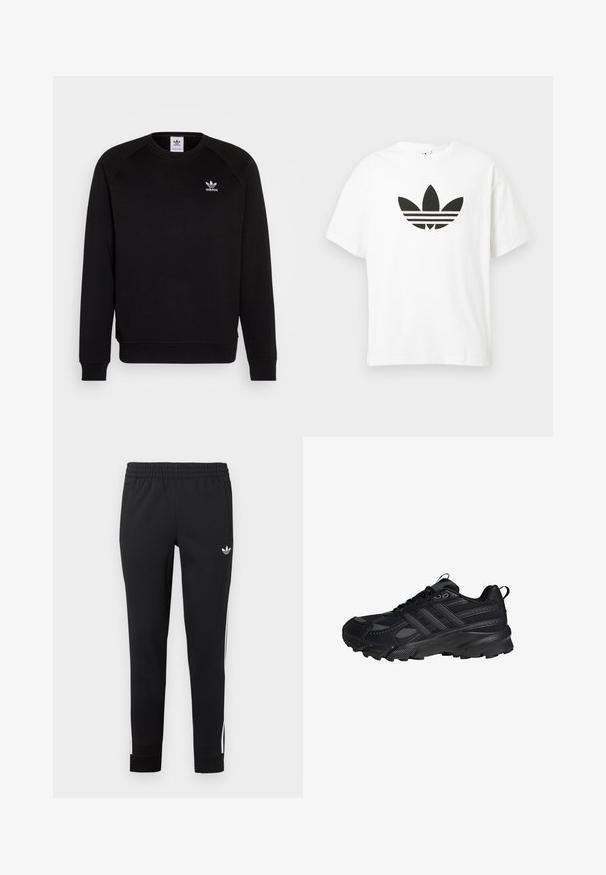 Schwarzer Sweatshirt mit Raglanärmeln, Rundhalsausschnitt und gerippten Bündchen. Verfügt über ein kleines, weißes Adidas-Logo auf der Brust. Weicher Stoff.; Weißes Baumwoll-T-Shirt mit großem schwarzem Adidas Trefoil-Logo und drei horizontalen Streifen darunter. Kurze Ärmel, Rundhalsausschnitt.; Schwarze Sport-Sweatpants aus glattem Material. Mit elastischem Bund, Seitentaschen und weißen Streifen entlang der Beine.; Schwarzer Sportschuh mit Schnürung vorne, strukturierter Sohle und gepolstertem Kragen, seitlich auf weißem Hintergrund gesehen.