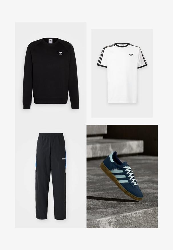 Musthave mustriga de vestit mustigal mustiga kupliitega mustiga releglindsiga, millel on ümmargune kaelus ja soonikkoes varrukad. Rinna peal on väike valge Adidas'i logo. Pehme kanga tekstuur.; Valge puuvillane T-särk mustade ribadega kaelas ja varrukates, millel on iga õla peal kolm musta triipu ning rindkeres väike logo.; Mustad must ikksad mustad treeningpüksid, millel on elastne vöökoht, külgedel sinised ja valged graafilised detailid ning tikitud logo.; Sinine Adidas Spezial tennisk, valgete triipude ja paeltega, kummist tallaga, hõljub kareda betoonpinna ja sammude kohal taustal.