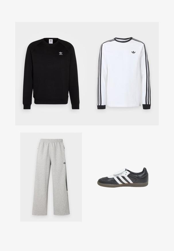 Schwarzer Sweatshirt mit Raglanärmeln, Rundhalsausschnitt und gerippten Bündchen. Verfügt über ein kleines, weißes Adidas-Logo auf der Brust. Weicher Stoff.; Weißes Adidas-Langarmshirt mit schwarzem Rundhalsausschnitt, schwarzen Bündchen, drei schwarzen Streifen an den Ärmeln und schwarzem Trefoil-Logo auf der Brust.; Hellgraue weite Sweatpants mit elastischem Bund und schwarzem Adidas Trefoil-Logo am rechten Oberschenkel.; adidas Originals SAMBA LT - Sneaker low - core black footwear white gum