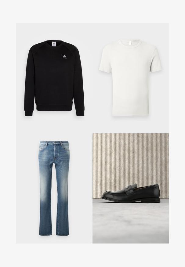 Musthave mustriga de vestit mustigal mustiga kupliitega mustiga releglindsiga, millel on ümmargune kaelus ja soonikkoes varrukad. Rinna peal on väike valge Adidas'i logo. Pehme kanga tekstuur.; Läbipaistmatu valge lühikeste varrukatega t-särk, millel on ümmargune kaelus ja mis on tasapinnal heleda halli tausta peal, kaeluses väike kangasetikett.; Heledad sinise denimi flared teksad, millel on viie taskuga disain, kerge kulumine reitel ja standardne vöökoht koos vöökinnitusloopidega.; Mustast nahast loafer metallist brändiplaadiga, mis asub pruunist ümarast lauast lähedal beežil vaibaga kaetud põrandal.