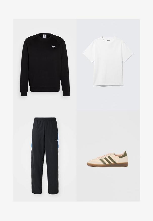 Zwarte sweatshirt met raglanmouwen, ronde hals en geribbelde manchetten. Bevat een klein wit Adidas-logo op de borst. Zachte stoftextuur.; Witte T-shirt met korte mouwen en ronde hals, plat gelegd, effen ontwerp, met een "WEEKDAY" label in de kraag op een lichte achtergrond.; Zwarte sportbroeken met een elastische tailleband, voorzien van blauwe en witte grafische accenten aan de zijkanten en een geborduurd logo.; Beige Adidas Spezial sneaker met een laag profiel, groene strepen, een gumkleurige zool en "SPEZIAL" branding aan de zijkant, gezien vanaf de buitenzijde.