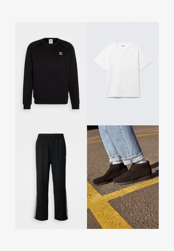 Zwarte sweatshirt met raglanmouwen, ronde hals en geribbelde manchetten. Bevat een klein wit Adidas-logo op de borst. Zachte stoftextuur.; Witte T-shirt met korte mouwen en ronde hals, plat gelegd, effen ontwerp, met een "WEEKDAY" label in de kraag op een lichte achtergrond.; Zwarte sportbroeken met een elastische tailleband, voorzien van witte zijkanten en een klein logo. Het materiaal lijkt zacht en lichtgewicht te zijn.; Zwarte suède enkellaarsjes met een gladde textuur, een gebogen neus en gestikte details. Combinatie met lichtblauwe opgerolde jeans en witte sokken.