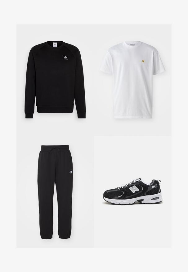 Zwarte sweatshirt met raglanmouwen, ronde hals en geribbelde manchetten. Bevat een klein wit Adidas-logo op de borst. Zachte stoftextuur.; Witte katoenen t-shirt met korte mouwen en ronde hals, voorzien van een klein gouden logo op de linkerkant van de borst. Zachte textuur en een normale pasvorm.; Zwarte sweatpants van zachte stof, met een elastische tailleband en trekkoord, smalle boorden bij de enkels en een klein logo op de bovenkant van de bovenbeen.; Zwarte en grijze sport schoenen met een bovenwerk van mesh en suede, voorzien van een witte tussenzool, veters en een gedurfde "N"-logo aan de zijkant.