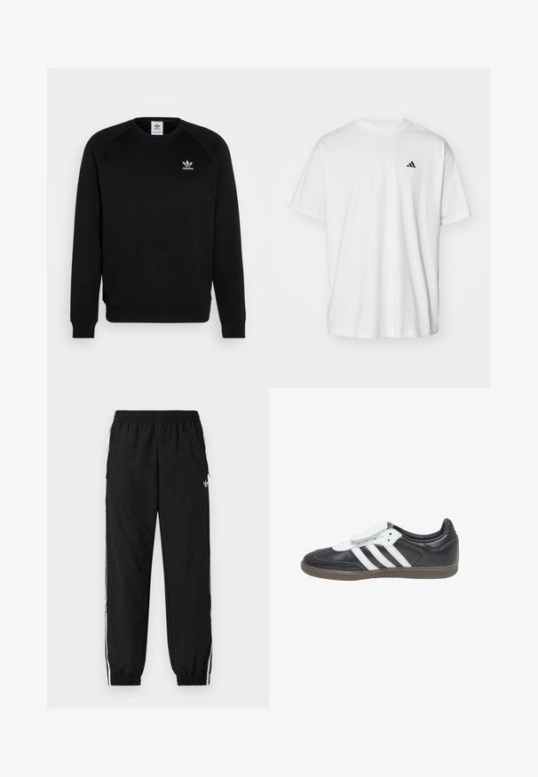 Schwarzer Sweatshirt mit Raglanärmeln, Rundhalsausschnitt und gerippten Bündchen. Verfügt über ein kleines, weißes Adidas-Logo auf der Brust. Weicher Stoff.; Weißes Baumwoll-T-Shirt mit kurzen Ärmeln, Rundhalsausschnitt und kleinem schwarzem Adidas-Logo auf der linken Brust. Weicher Stoff, lässige Passform.; Schwarze Sporthose mit elastischem Bund und gerafften Bündchen. Verfügt über weiße Seitenstreifen und ein kleines Logo vorne links.; adidas Originals SAMBA LT - Sneaker low - core black footwear white gum