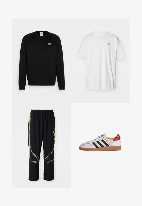 Schwarzer Sweatshirt mit Raglanärmeln, Rundhalsausschnitt und gerippten Bündchen. Verfügt über ein kleines, weißes Adidas-Logo auf der Brust. Weicher Stoff.; Weißes Baumwoll-T-Shirt mit kurzen Ärmeln, Rundhalsausschnitt und kleinem schwarzem Adidas-Logo auf der linken Brust. Weicher Stoff, lässige Passform.; Schwarze Adidas Sportpants mit neongrünen, gebogenen Linien und drei Streifen an den Seiten, elastischem Bund und Adidas-Logo am Vorderoberschenkel.; Weißer Adidas Spezial Sneaker mit schwarzen Streifen, Gummisohle, gestepptem Muster, rotem Fersenlaschen und gelber Innenausstattung, Seitenansicht.