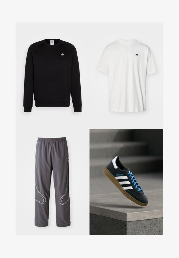 Schwarzer Sweatshirt mit Raglanärmeln, Rundhalsausschnitt und gerippten Bündchen. Verfügt über ein kleines, weißes Adidas-Logo auf der Brust. Weicher Stoff.; Weißes Baumwoll-T-Shirt mit kurzen Ärmeln, Rundhalsausschnitt und kleinem schwarzem Adidas-Logo auf der linken Brust. Weicher Stoff, lässige Passform.; Herren graue Sporthose mit elastischem Bund, Reißverschlusstaschen und reflektierenden weißen Akzenten an den Seiten. Leicht, glatte Textur.; Schwarzer Adidas-Sneaker mit weißen Streifen, blauen Schnürsenkeln und Gummisohle, der über einer grauen Betontreppe im weichen Licht schwebt.