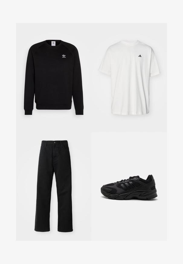 Sort sweatshirt med raglanærmer, rund hals og ribstrikkede manchetter. Har et lille hvidt Adidas-logo på brystet. Blødt tekstil.; Hvid bomulds t-shirt med korte ærmer, rund hals og et lille sort Adidas-logo på venstre bryst. Blød tekstur, afslappet pasform.; Sorte denimbukser med lige snit, der har frontlommer, lynlås og en enkelt knap i toppen. Struktureret stof med en mat finish.; Sorte træningssko med en kombination af åndbart mesh og syntetiske materialer. Distinct tekstureret sål og tre sorte striber på siden.