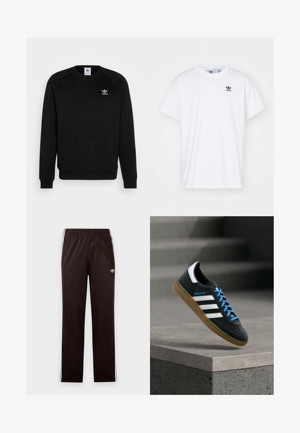 Sort sweatshirt med raglanærmer, rund hals og ribstrikkede manchetter. Har et lille hvidt Adidas-logo på brystet. Blødt tekstil.; Hvid bomulds T-shirt med korte ærmer, rund halsudskæring og et sort Adidas-logo med tre striber på venstre brystområde.; Sorte Adidas træningsbukser med elastisk taljebånd, hvide sidelommer, lynlåslommer og lille trefoil-logo på venstre lår.; Sort Adidas sneaker med hvide striber, blå snørebånd og gummisål, der svæver over gråt betontrin i blødt lys.