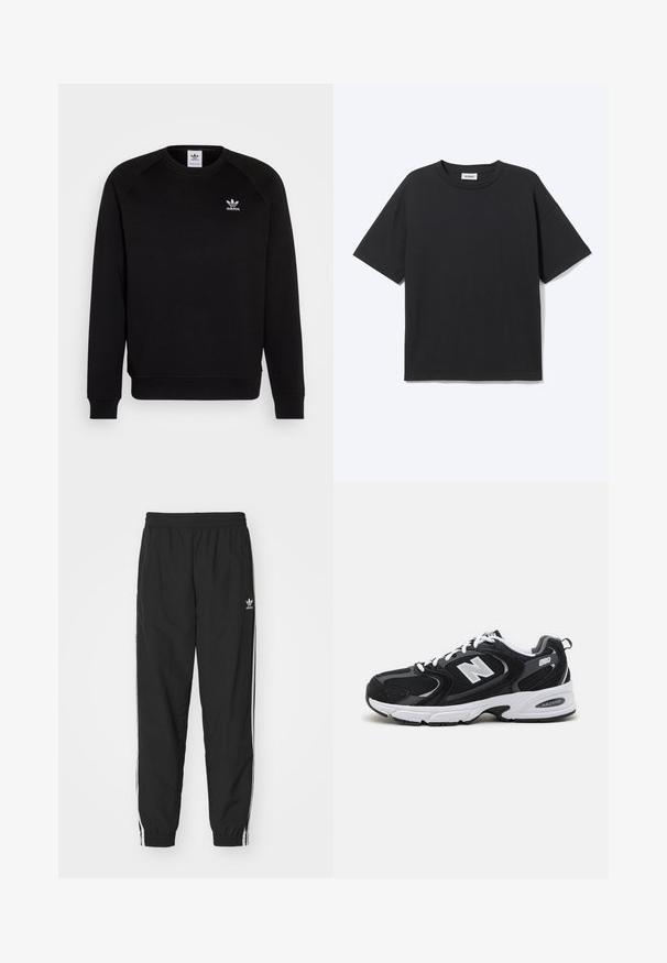 Zwarte sweatshirt met raglanmouwen, ronde hals en geribbelde manchetten. Bevat een klein wit Adidas-logo op de borst. Zachte stoftextuur.; Zwart T-shirt met korte mouwen en ronde hals met een ontspannen pasvorm, vooraanzicht, effen ontwerp en zichtbaar Weekday-merklabel binnenin de kraag.; Zwarte trainingsbroek met een elastische tailleband en boorden, voorzien van witte zijstrepen en een klein wit Adidas-logo op de linkse heup.; Zwarte en grijze sport schoenen met een bovenwerk van mesh en suede, voorzien van een witte tussenzool, veters en een gedurfde "N"-logo aan de zijkant.
