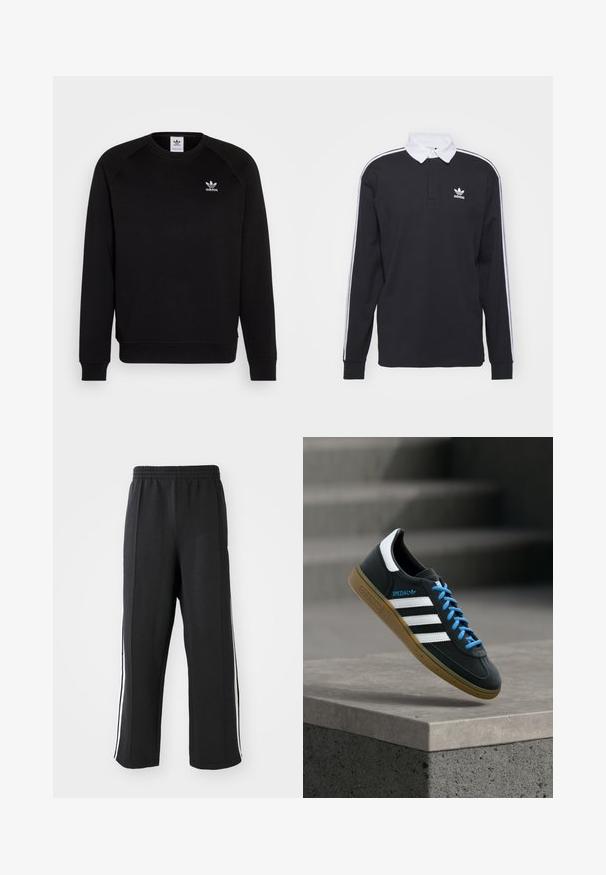 Zwarte sweatshirt met raglanmouwen, ronde hals en geribbelde manchetten. Bevat een klein wit Adidas-logo op de borst. Zachte stoftextuur.; Zwarte longsleeve polo met witte kraag en drie witte strepen langs de mouwen; voorzien van een geborduurd Adidas-logo op de borst.; Zwarte trainingsbroek met een elastische tailleband, voorzien van witte zijstrepen en een relaxte pasvorm. Gemaakt van zachte, rekbare stof.; Zwarte Adidas-sneaker met witte strepen, blauwe veters en een gumzool die boven een grijze betonnen trede zweeft in zacht licht.