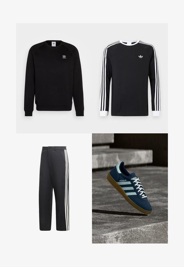 Sort sweatshirt med raglanærmer, rund hals og ribstrikkede manchetter. Har et lille hvidt Adidas-logo på brystet. Blødt tekstil.; Sort langærmet T-shirt med hvidt trestribet design på ærmerne. Har rund halsudskæring og et lille hvidt logo på brystet.; Sorte bukser med lige ben og tre hvide lodrette striber ned langs ydersiden af hvert ben.; Blå Adidas Spezial sneaker med hvide striber og snørebånd, gummisål, svævende over en ru betongoverflade og trin i baggrunden.