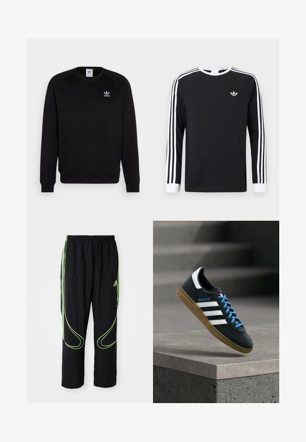 Musthave mustriga de vestit mustigal mustiga kupliitega mustiga releglindsiga, millel on ümmargune kaelus ja soonikkoes varrukad. Rinna peal on väike valge Adidas'i logo. Pehme kanga tekstuur.; Must pika varrukaga T-särk, millel on valged kolme triibu mustrilised varrukad. Omab ümara kaelusega lõiget ja väikest valget logot rinnal.; Mustad mustad Adidas spordipüksid, millel on neoonrohelised kumerad jooned ja kolm triipu külgedel, elastne vöökoht ja Adidas logo ees reie peal.; Must Adidas toss valgete triibu, siniste paelte ja kummist tallaga, hõljuv pehme valgusega halli betoonastme kohal.