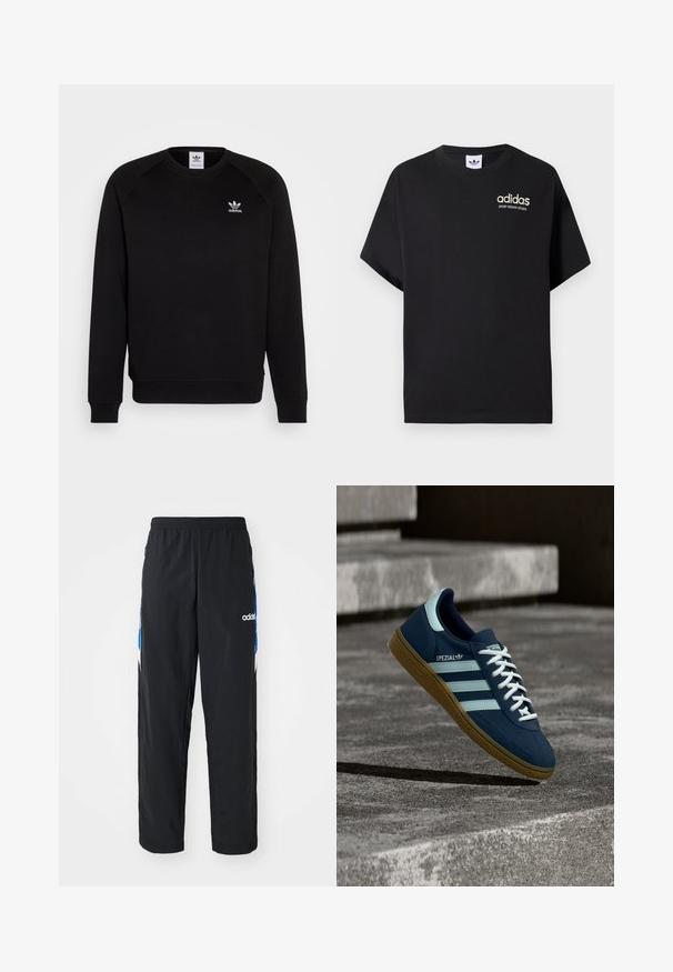 Zwarte sweatshirt met raglanmouwen, ronde hals en geribbelde manchetten. Bevat een klein wit Adidas-logo op de borst. Zachte stoftextuur.; Zwarte katoenen t-shirt met korte mouwen, met een ronde hals en een wit Adidas-logo met "SPORT DESIGN STUDIO" in goud. Soepele textuur.; Zwarte sportbroeken met een elastische tailleband, voorzien van blauwe en witte grafische accenten aan de zijkanten en een geborduurd logo.; Blauwe Adidas Spezial sneaker met witte strepen en veters, gumzool, zwevend boven een ruwe betonnen oppervlakte en trappen op de achtergrond.