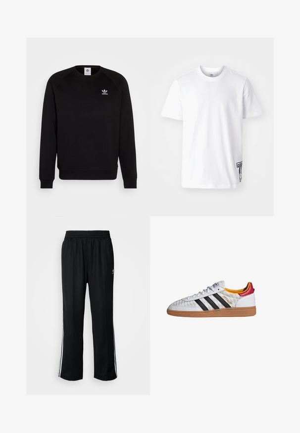 Schwarzer Sweatshirt mit Raglanärmeln, Rundhalsausschnitt und gerippten Bündchen. Verfügt über ein kleines, weißes Adidas-Logo auf der Brust. Weicher Stoff.; Weißes Baumwoll-T-Shirt mit kurzen Ärmeln, Rundhalsausschnitt und einem schwarzen Adidas-Logo-Patch auf der unteren linken Seite. Glatte Textur.; Schwarze Sporthosen mit elastischem Bund, ausgestattet mit weißen Seitenstreifen und einem kleinen Logo. Das Material wirkt weich und leicht.; Weißer Adidas Spezial Sneaker mit schwarzen Streifen, Gummisohle, gestepptem Muster, rotem Fersenlaschen und gelber Innenausstattung, Seitenansicht.