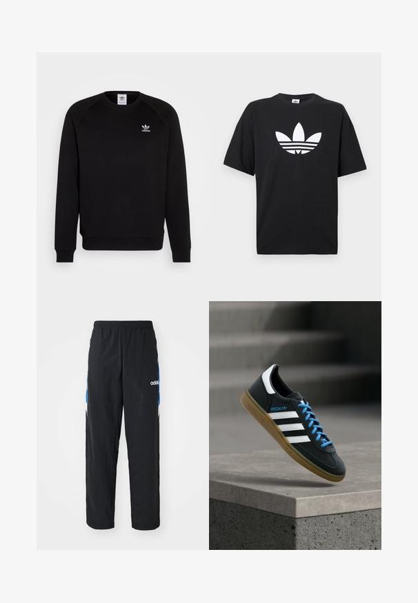 Zwarte sweatshirt met raglanmouwen, ronde hals en geribbelde manchetten. Bevat een klein wit Adidas-logo op de borst. Zachte stoftextuur.; Zwarte katoenen T-shirt met korte mouwen, voorzien van een groot wit Adidas-logo en drie horizontale strepen aan de onderkant. Klassiek ontwerp met ronde hals.; Zwarte sportbroeken met een elastische tailleband, voorzien van blauwe en witte grafische accenten aan de zijkanten en een geborduurd logo.; Zwarte Adidas-sneaker met witte strepen, blauwe veters en een gumzool die boven een grijze betonnen trede zweeft in zacht licht.