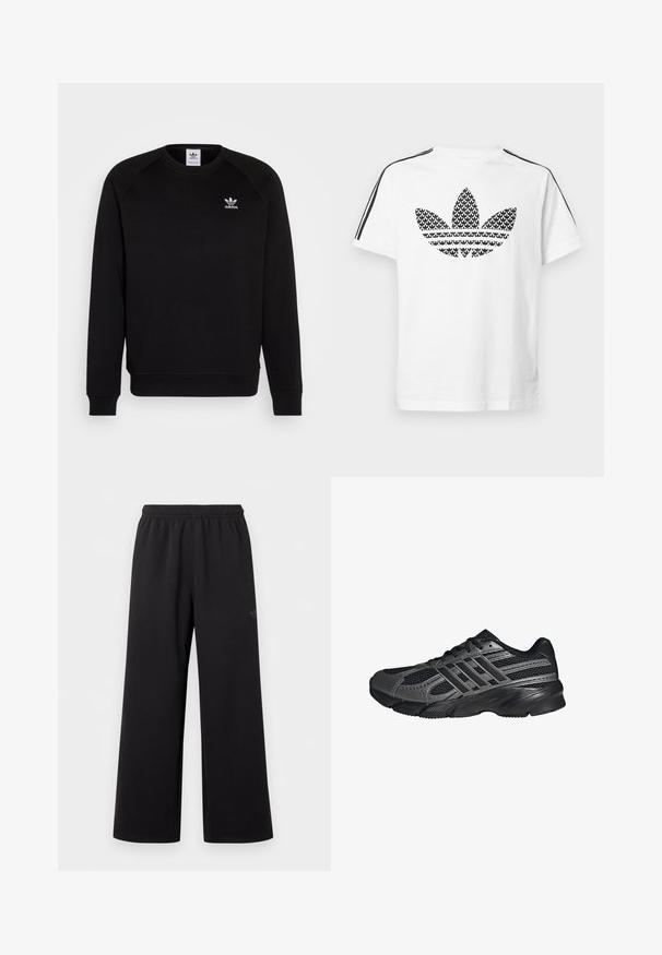 Sort sweatshirt med raglanærmer, rund hals og ribstrikkede manchetter. Har et lille hvidt Adidas-logo på brystet. Blødt tekstil.; Hvid bomuld t-shirt med sort grafisk trefoil-logo på fronten og sorte striber langs skuldrene som accent.; Sorte bukser med vide ben og elastik i taljen, med et diskret lille logo på øvre venstre lår, vist på en ensfarvet hvid baggrund.; Sorte træningssko lavet af mesh og syntetiske materialer, med en tekstureret overflade, flere grå striber og en polstret krave.
