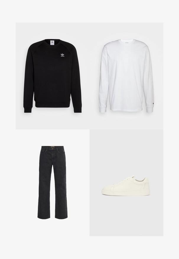 Musthave mustriga de vestit mustigal mustiga kupliitega mustiga releglindsiga, millel on ümmargune kaelus ja soonikkoes varrukad. Rinna peal on väike valge Adidas'i logo. Pehme kanga tekstuur.; Valge pika varrukaga T-särk, mis on valmistatud puuvillast. Ümmargune kaelus, ribaga mansetid ja väike logo vasakul varrukal. Sile tekstuur.; Mustad teksased laia säärega, nööbiga kinnitamine, viie taskuga ja veidi kulunud välimusega. Sirge lõige vööst allääreni.; Madalvalge nahast toss, millel on paeltega kinnitussüsteem ja lamedapõhjaline tald, tavalise helehalli tausta taustal, külgvaade.