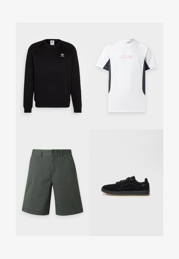 Musthave mustriga de vestit mustigal mustiga kupliitega mustiga releglindsiga, millel on ümmargune kaelus ja soonikkoes varrukad. Rinna peal on väike valge Adidas'i logo. Pehme kanga tekstuur.; Valge lühikeste varrukatega spordisärk mustade külgpaneelide ja punase "obey" logoga rinnal keskel.; Tumedrohelised lühikesed püksid, valmistatud vastupidavast puuvillasegust, millel on nööbiga sulgus, tõmblukk ja küljetaskud peente õmbluse detailidega.; Mustad seemisnahast tossud siledast kummist tallaga, madala lõikega, ümarate paelte ja peente õmblusdetailidega.