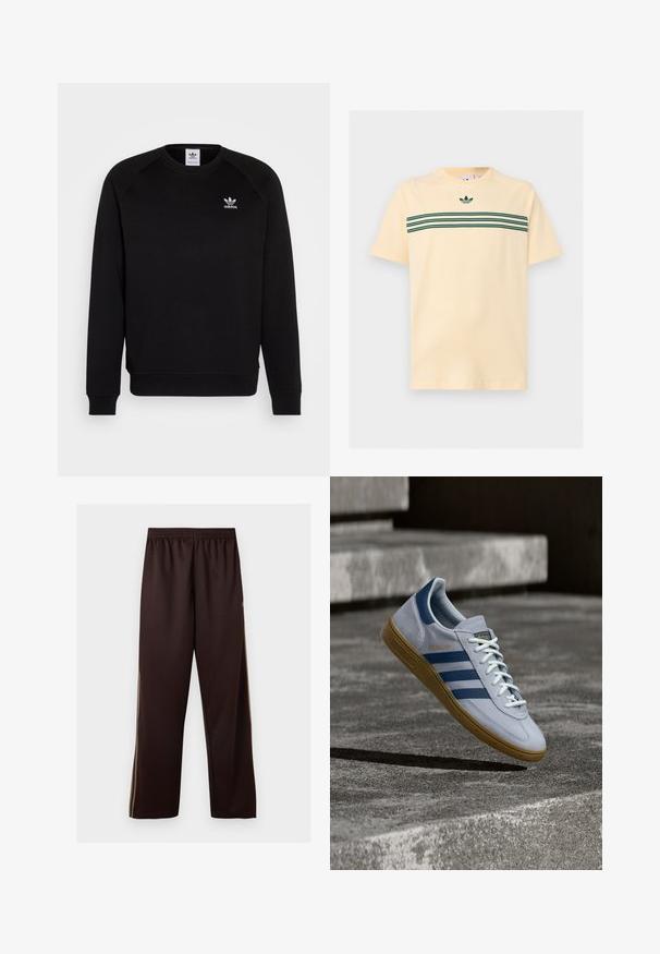 Sweatshirt noir avec des manches raglan, col rond et poignets côtelés. Présente un petit logo Adidas blanc sur la poitrine. Texture de tissu douce.; T-shirt beige clair à manches courtes avec trois bandes horizontales vert foncé sur la poitrine et un petit logo Adidas trèfle au-dessus des bandes.; Pantalon large marron foncé avec taille élastique et fines bandes latérales marron clair, présenté sur un fond blanc uni.; Baskets Adidas Spezial bleu clair avec des rayures bleu marine et une semelle en gomme, montrées en l'air au-dessus d'escaliers en béton dans un environnement extérieur neutre.