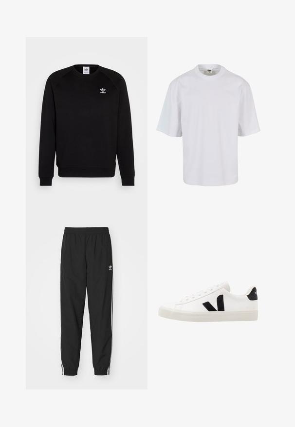 Zwarte sweatshirt met raglanmouwen, ronde hals en geribbelde manchetten. Bevat een klein wit Adidas-logo op de borst. Zachte stoftextuur.; Witte, korte mouw t-shirt van katoen. Beschikt over een ronde hals en een losse pasvorm met een gladde textuur en geen zichtbare patronen of graphics.; Zwarte trainingsbroek met een elastische tailleband en boorden, voorzien van witte zijstrepen en een klein wit Adidas-logo op de linkse heup.; Witte leren sneaker met zwarte suède accenten; voorzien van een rubberen zool, ronde neus en een klassieke vetersluiting. Zijkant met logo in het zwart.